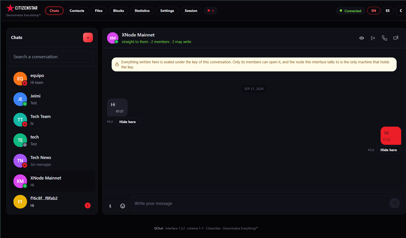 The conversations screen of CitizenStar QChat, with the CitizenStar logo and Decentralize Everything™ in its header