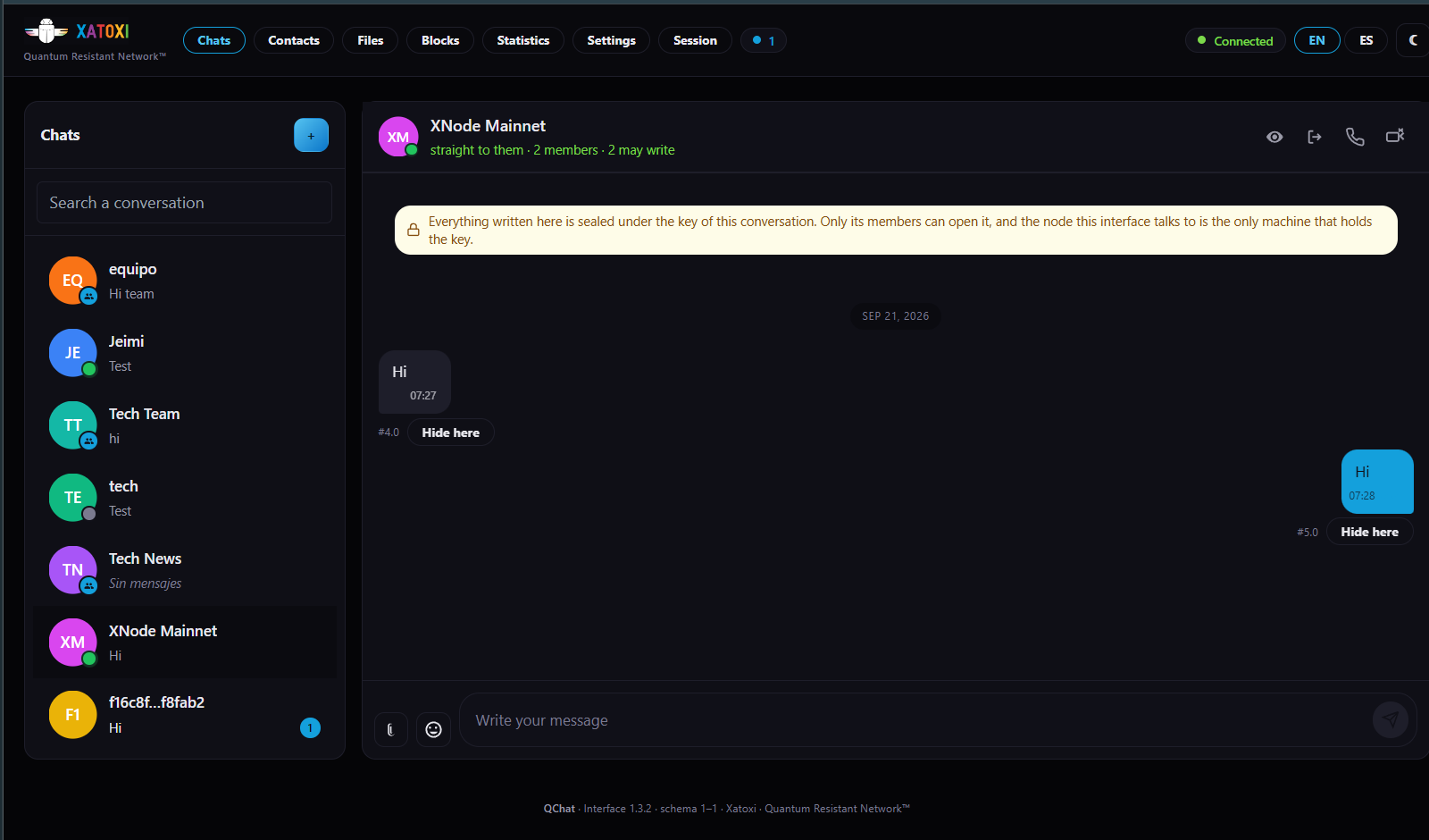 The conversations screen of Xatoxi QChat, with the Xatoxi logo and Quantum Resistant Network™ in its header